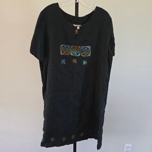 Blue Cactus Black 100% Linen Painted Shift Dress Large USA Boho Lagenlook Artsy